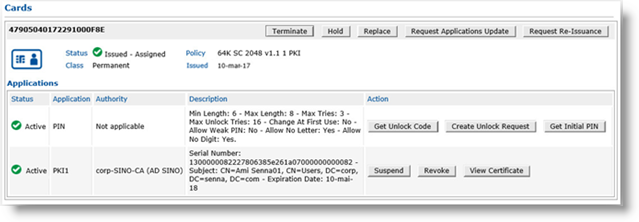 Cards section of Help Desk Overview page with available actions for the card and its applications